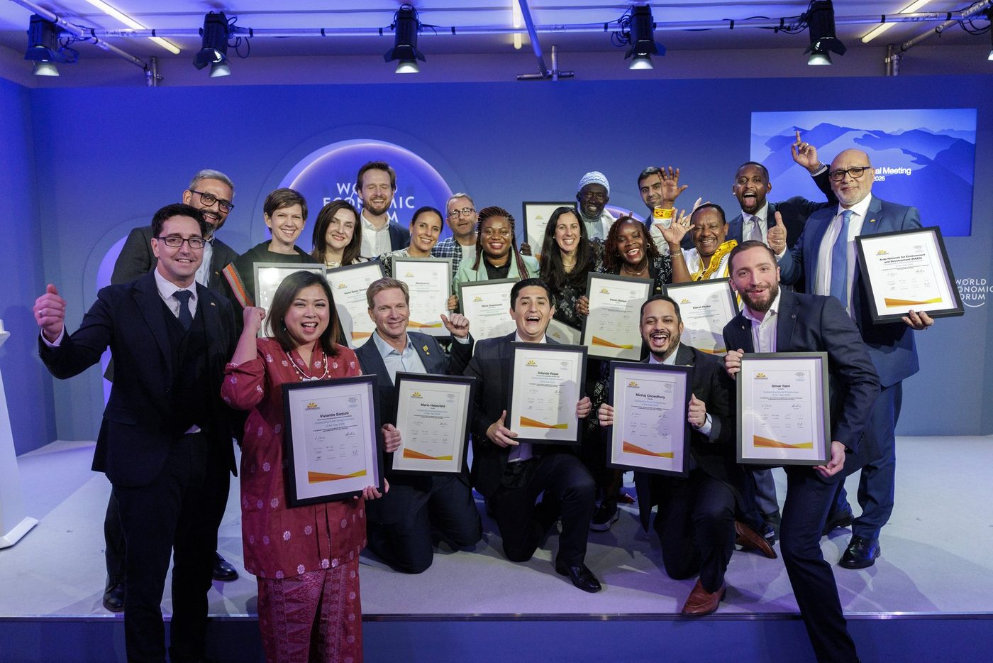 The 2026 Schwab Foundation awardees on stage together at the World Economic Forum, Davos.