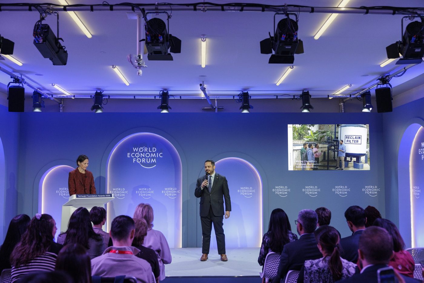 The Spotlight hall at the Davos Congress Centre during the Schwab Foundation Awards 2026, with the audience and the Forum stage.