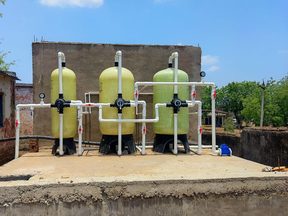 The three treatment vessels of the fluoride removal plant at Dehri, Madhya Pradesh.